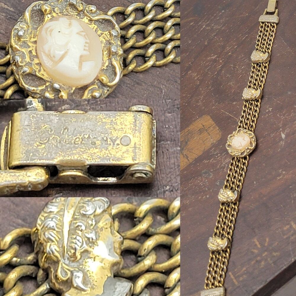 Vtg Goldette Cameo Bracelet Goldtone Profile Faces Women Signed  Multistrand